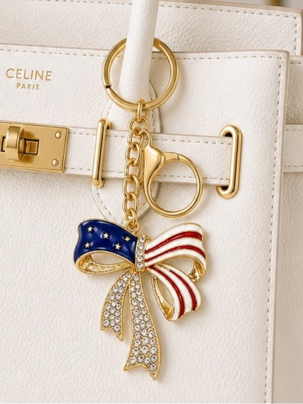 Patriotic Ribbon Bow Keychain/Bagcharm • Gold or Silver • Pick One